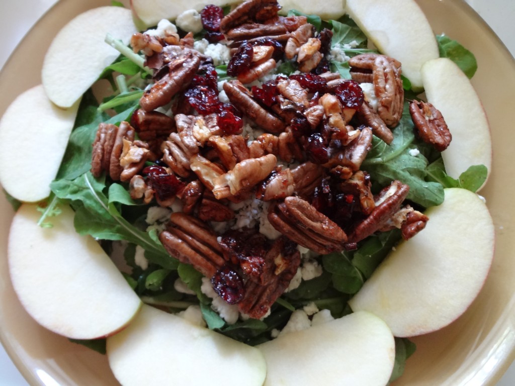  Arugula salad with apple, gorgonzola cheese and Hot Squeeze toasted pecans and cranberries