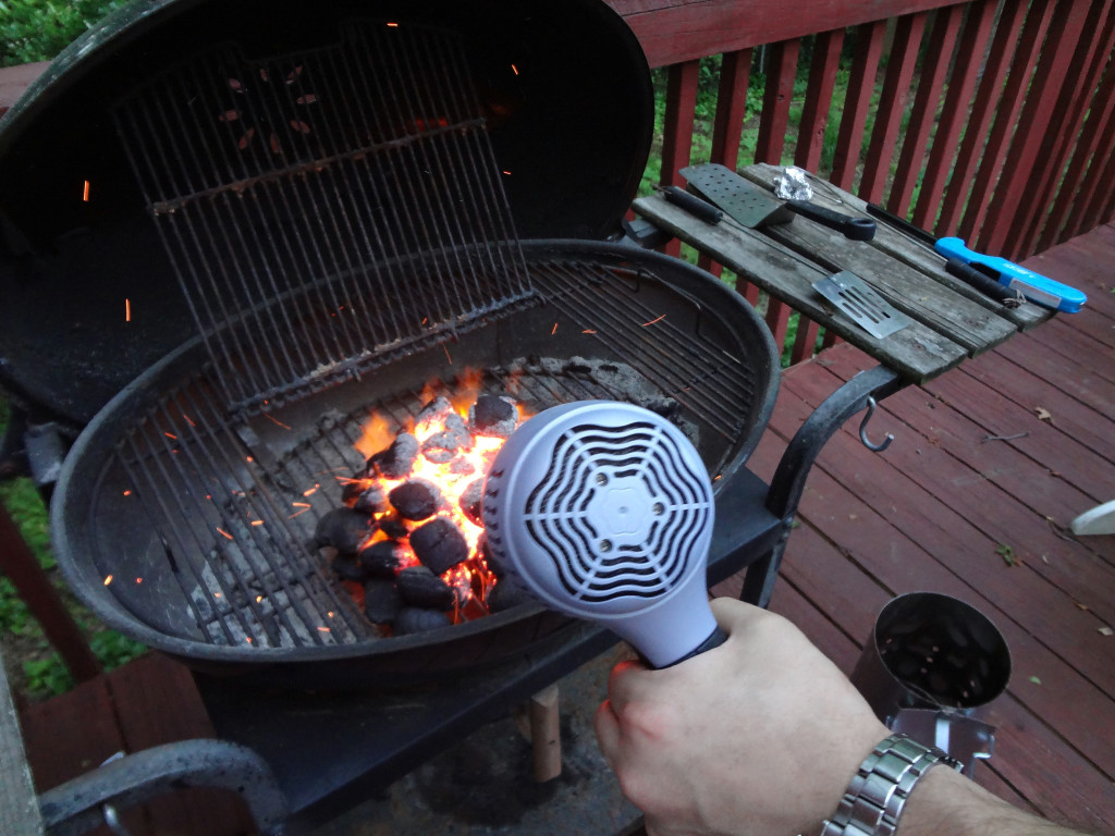 Using hair dryer on charcoal briquets
