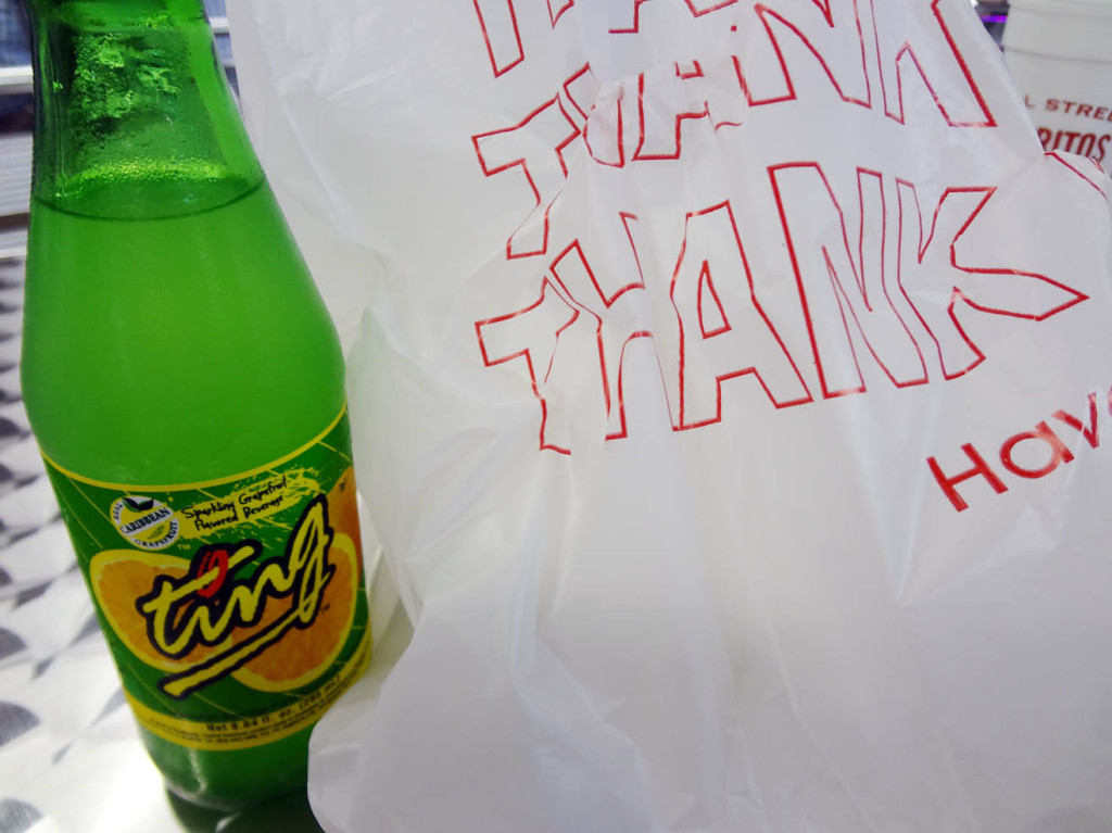 Ting soda and my food in a bag