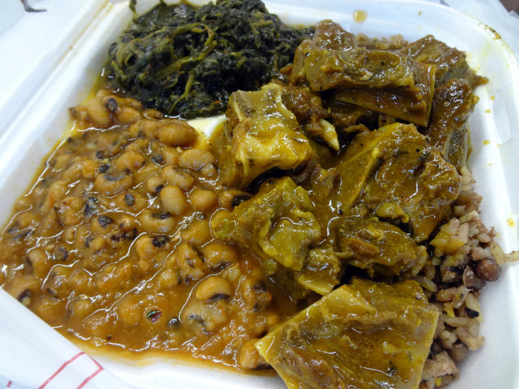 Goat, black-eyed peas and greens 