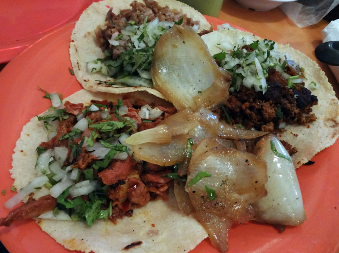 Tacos: chorizo, carnitas, and carne asada