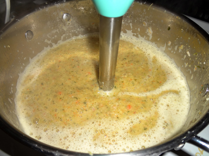 Immersion blending the bacon chickpea soup