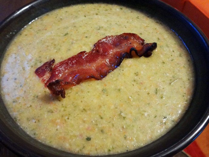 Bacon chickpea soup with candied bacon garnish