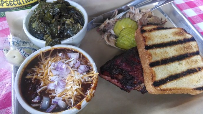 My pork and chicken plate with collards and chili