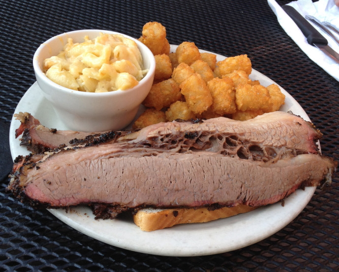 Fox Brothers BBQ brisket, tots, and mac 'n' cheese