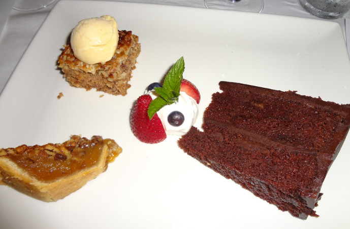 Dessert sampler: Pecan pie, oatmeal spice cake, and chocolate cake